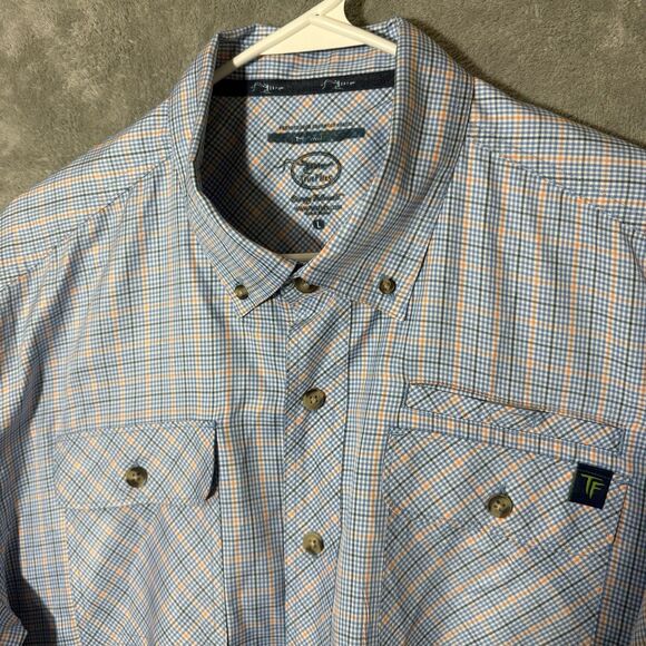 True Flies Button Down Shirt Mens L Blue Lucas Tattersall Plaid Roll Tab Vent - Picture 2 of 10